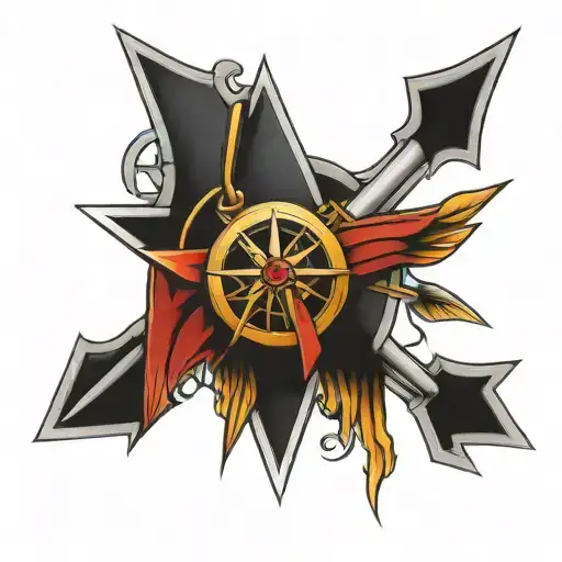 V for vendetta, dagger, arrow, compass rose tattoo design idea
