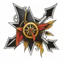 V for vendetta, dagger, arrow, compass rose tattoo design idea