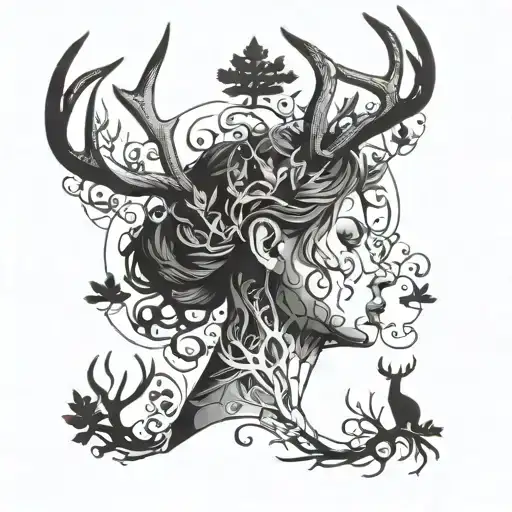 An abstract design of a woman's silhouette surrounded by a forest of deer antlers, symbolizing the hunter's connection to nature and femininity tattoo design idea