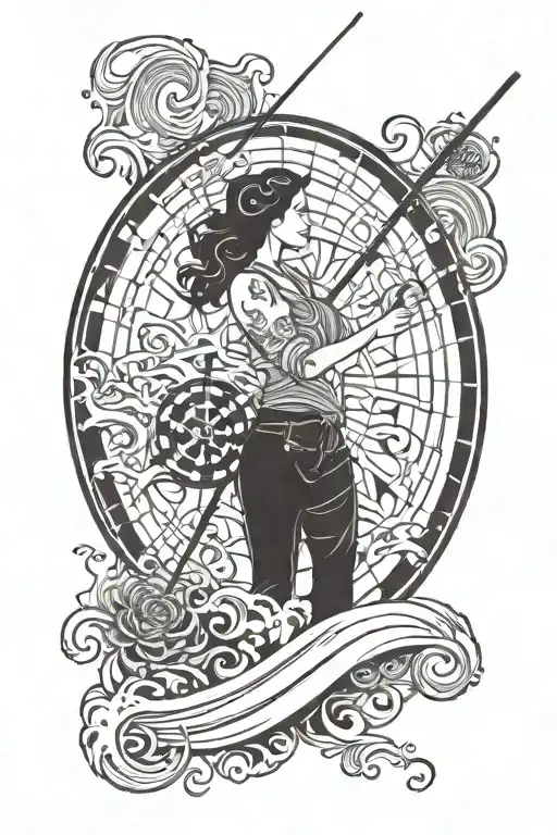 A dart board surrounded by swirling waves, with a silhouette of a woman holding a dart in one hand and a fishing rod in the other tattoo design idea