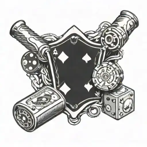 A detailed gambling sleeve featuring playing cards, dice, and poker chips intertwined with construction tools like hammers and wrenches tattoo design idea