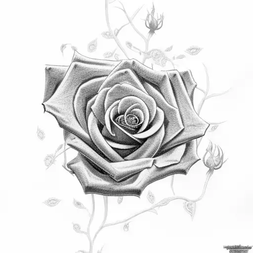A realistic black and grey skull surrounded by intricate rose vines tattoo design idea