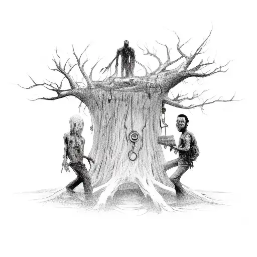man danglingby neck from a noose in a dead tree and zombies coming out of the ground pulling his feet in a suicide fore  tattoo design idea