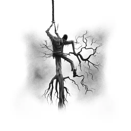 man hanging by neck from a noose in a dead tree and zombie hands coming out of the ground pulling his feet in a suicide  tattoo design idea
