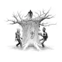 man danglingby neck from a noose in a dead tree and zombies coming out of the ground pulling his feet in a suicide fore  tattoo design idea