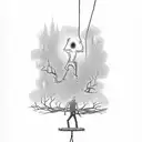 man danglingby neck from a noose in a dead tree and zombies coming out of the ground pulling his feet in a suicide fore  tattoo design idea