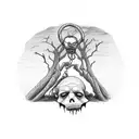 man danglingby neck from a noose in a dead tree and zombies coming out of the ground pulling his feet in a suicide fore  tattoo design idea