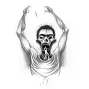 man danglingby neck from a noose in a dead tree and zombies coming out of the ground pulling his feet in a suicide fore  tattoo design idea