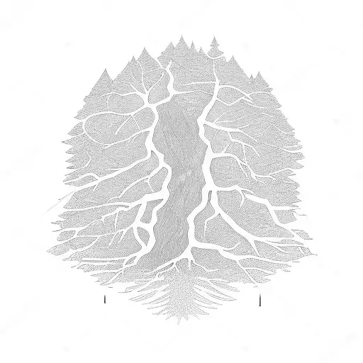 Evergreen Tree in chunk of earth with roots exposed. Geometrical design surrounds the tree tattoo design idea