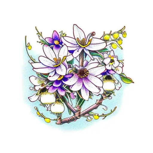 orchards, cherry blossoms, yellow roses, white snowdrop flowers, blue iris flowers, purple echinacea flowers, brown catt tattoo design idea