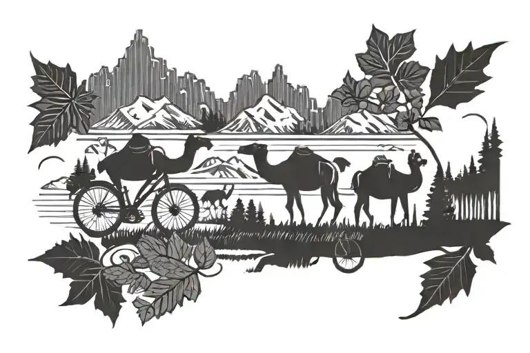 camels,  fall leaves,  beer, mountain biking, swiss alps. ore dock marquette, bike trail tattoo design idea