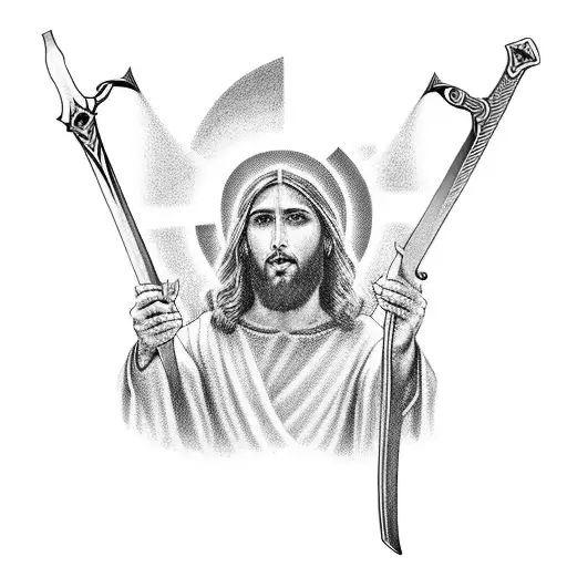Jesus Christ on a cross, with the cross itself morphing into the shape of a sword. tattoo design idea