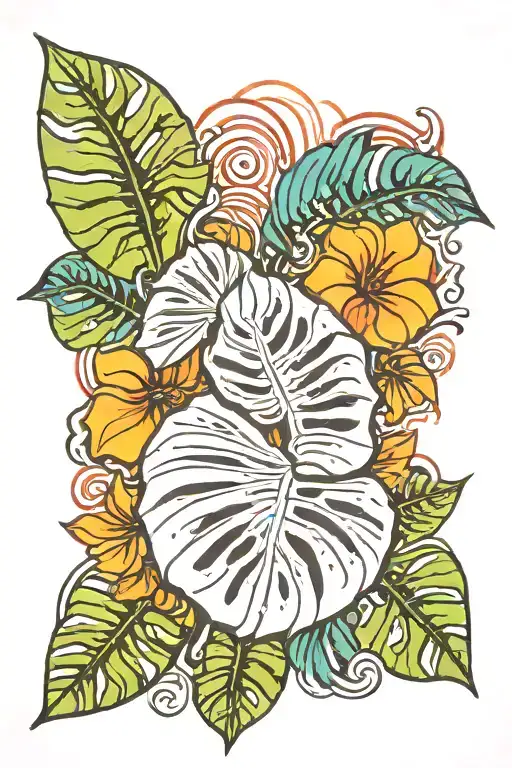 monstera leaf with sun rising tattoo design idea