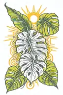 monstera leaf with sun rising tattoo design idea