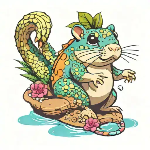 cartoon hamster, bullfrog and lochness monster on a tropical beach tattoo design idea