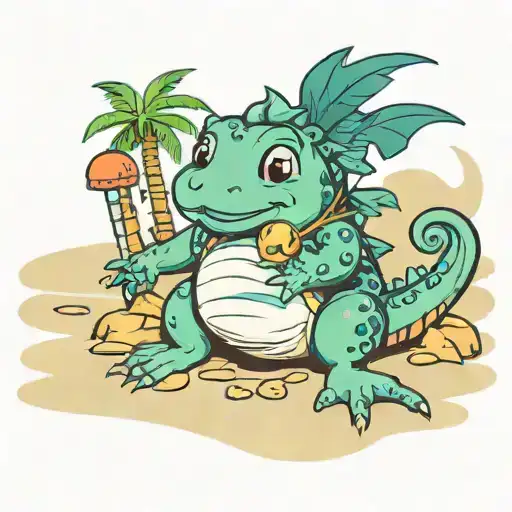 cartoon hamster and cartoon bullfrog and cartoon lochness monster on a tropical beach tattoo design idea