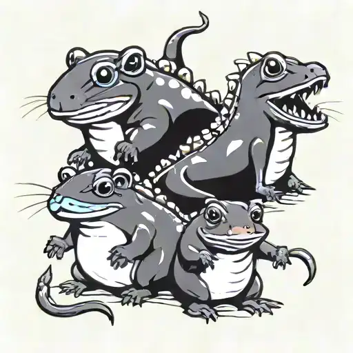 cartoon hamster bullfrog and lochness monster together tattoo design idea