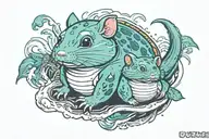 cartoon hamster, bullfrog and lochness monster on leg tattoo design idea