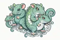 cartoon hamster, bullfrog and lochness monster on leg tattoo design idea