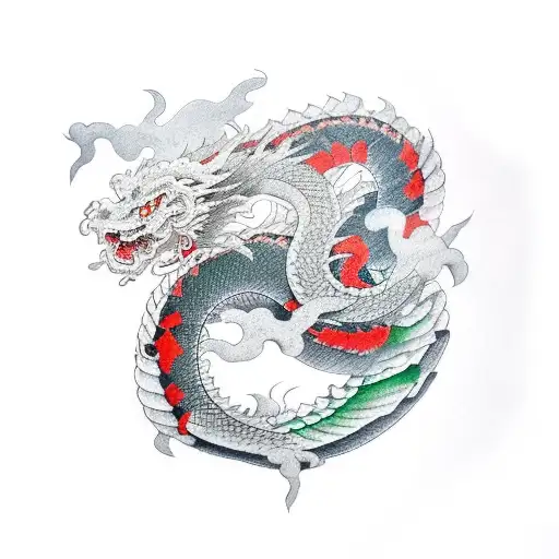japanese dragon rolling around a jade samurai sword tattoo design idea