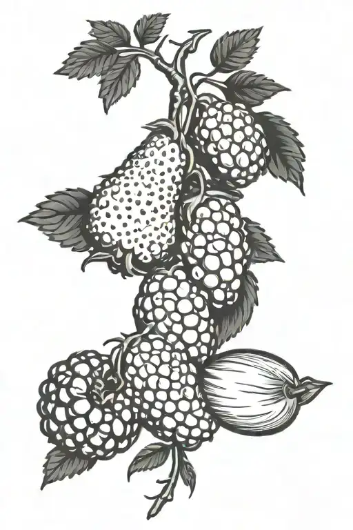blackberries, rhubarb, cherries, plum, tomatoes, chicken on a swinge, tattoo design idea
