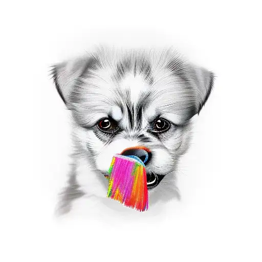 A lifelike portrait of a dog holding a paintbrush in its mouth tattoo design idea