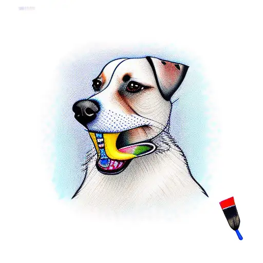 A lifelike portrait of a dog holding a paintbrush in its mouth tattoo design idea