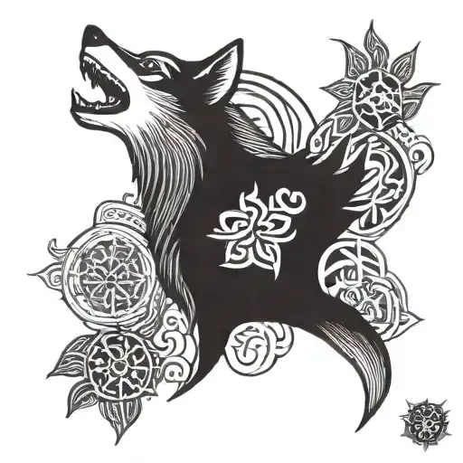old turkish symbols integrated and wolf tattoo design idea