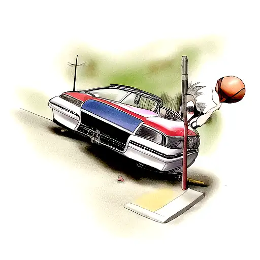 Japanese car crashes into a basketball pole with a basket tattoo design idea