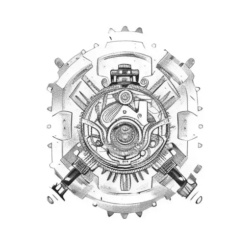 An intricately detailed engine with gears and pistons tattoo design idea