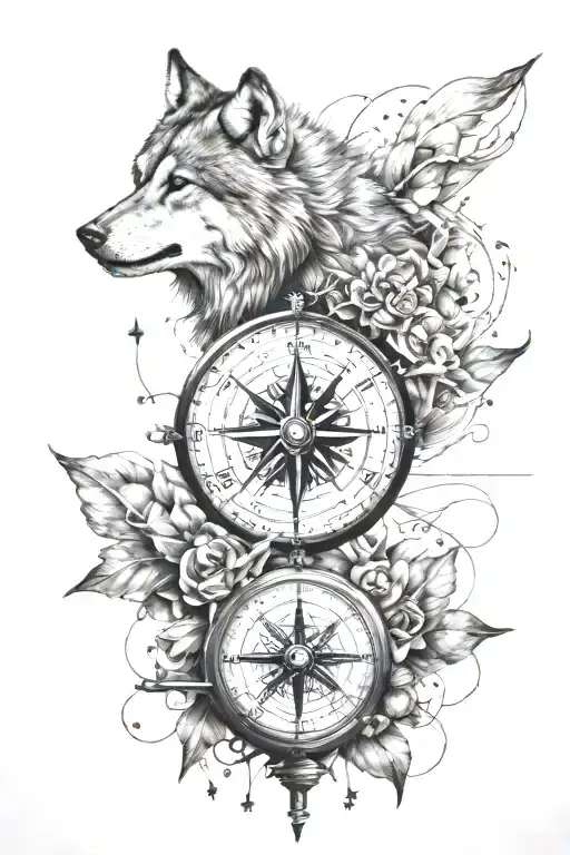 compass wolf clock tattoo design idea