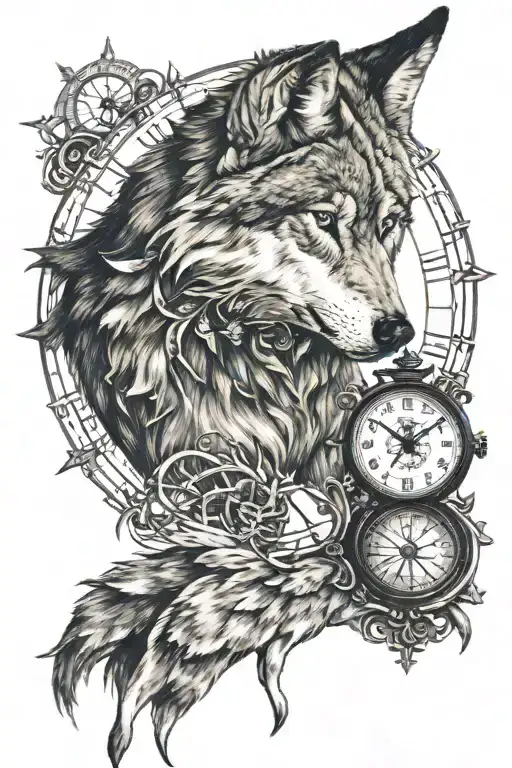 wolf clock compass tattoo design idea