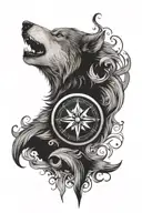 compass wolf clock tattoo design idea