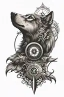compass wolf clock tattoo design idea
