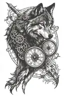 wolf clock compass tattoo design idea