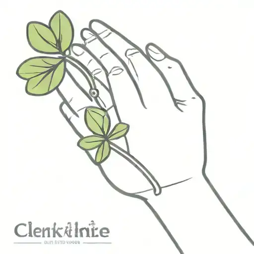 two intertwining olive brances at the stem between index finger and thumb muscle, and a lucky clover on the inner finger tattoo design idea