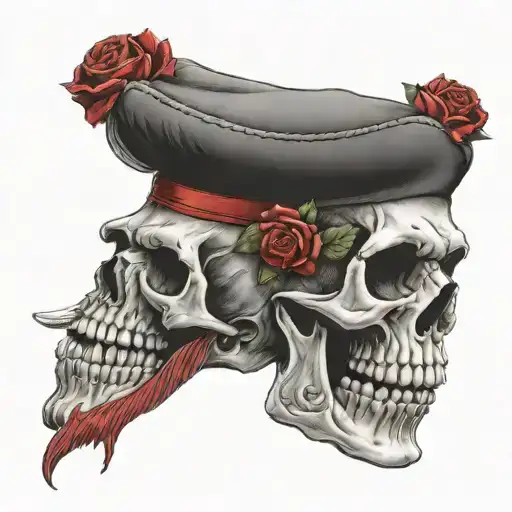 skull wearing military red beret side view with roses  tattoo design idea
