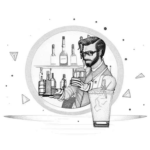 A bartender mixing colorful cocktails in a sci-fi bar tattoo design idea