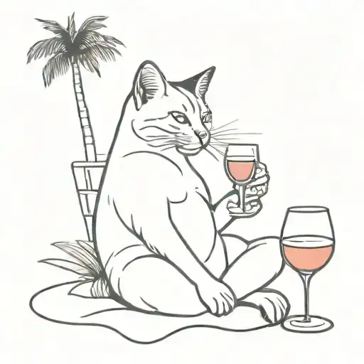 A blackwork tattoo of a cat lounging on a tropical beach with a glass of wine in hand tattoo design idea