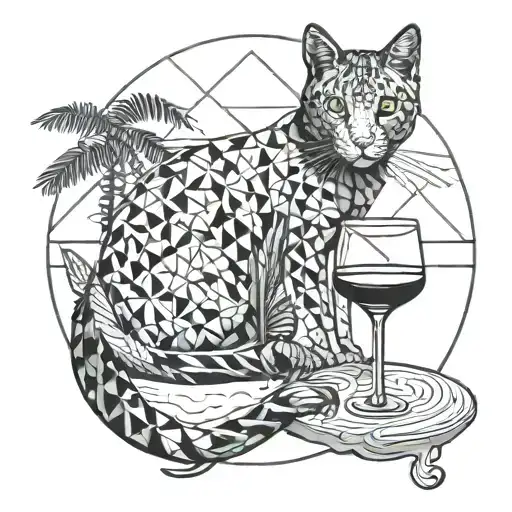 A blackwork tattoo of a cat lounging on a tropical beach with a glass of wine in hand tattoo design idea