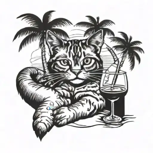 A blackwork tattoo of a cat lounging on a tropical beach with a glass of wine in hand tattoo design idea