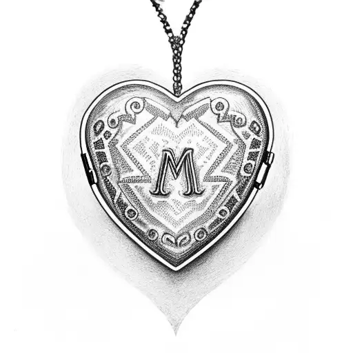 open heartshaped locket with a letter M on the inside of the left side and a simple rose on the other side tattoo design idea