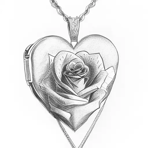 open dainty heartshaped locket with a capital cursive letter M on the inside of the left side and a simple rose on other tattoo design idea