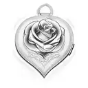 open dainty heartshaped locket with a capital cursive letter M on the inside of the left side and a simple rose on other tattoo design idea
