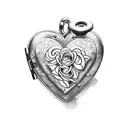 open heartshaped locket with a letter M on the inside of the left side and a simple rose on the other side tattoo design idea