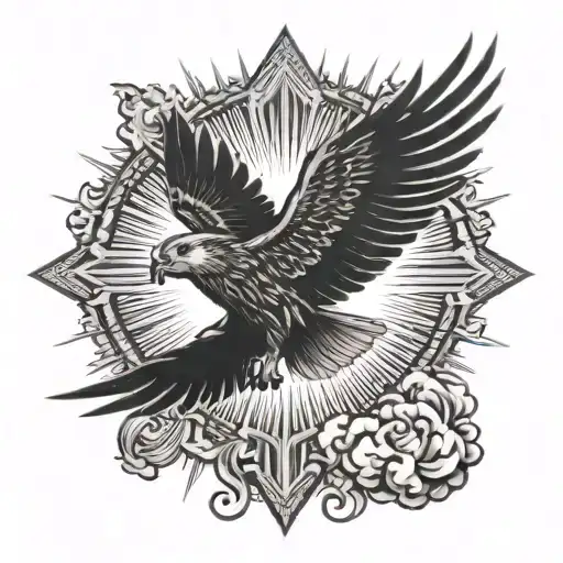 hawk catholic cross sunbeams and clouds surrounding tattoo design idea
