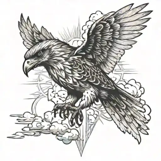 hawk cross sunbeams and clouds surrounding tattoo design idea