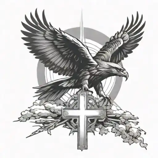 hawk catholic cross sunbeams using negative space surrounded tattoo design idea