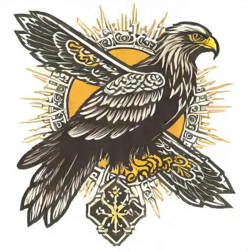 hawk Catholic cross sunbeam shining tattoo design idea
