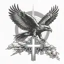 hawk catholic cross sunbeams using negative space surrounded tattoo design idea